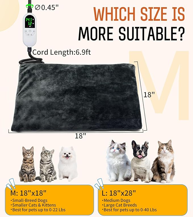 Pet Heating Pad for Cats & Dogs, Electric Heated Cat Bed with Adjustable Temperature (12 Levels) & Timer (12 Options), Chew-Resistant Cord, Indoor & Outdoor Use 18“x18”-25W