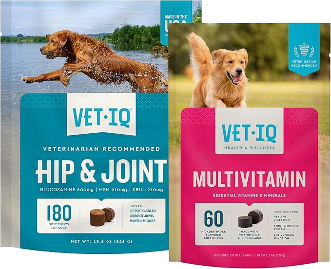 VetIQ Glucosamine Hip & Joint Supplement for Dogs, 180 Soft Chews + VetIQ Multivitamin Supplement for Dogs, 60 Count, Dog Supplements Made in The USA