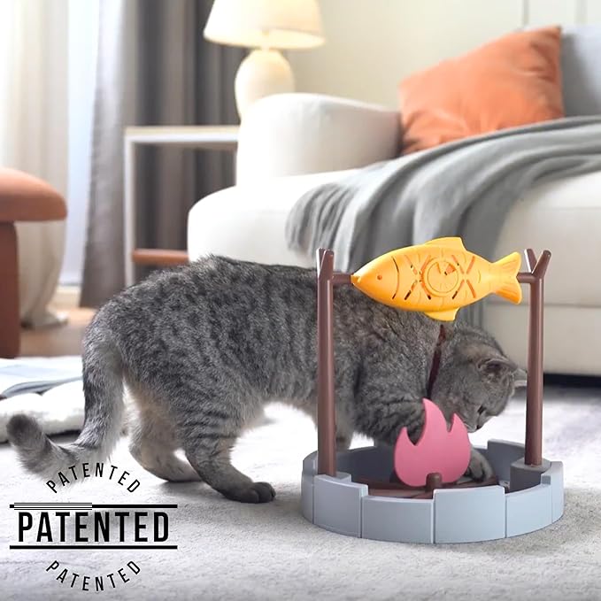 PetPals 11" High Cats Treat-Dispensing Slow Feeder,Pets Dry Food Dispenser,Cats Slow Feeding Snack Bowl, Grilled Fish Spinning Toy, Food Puzzle Cat Toy