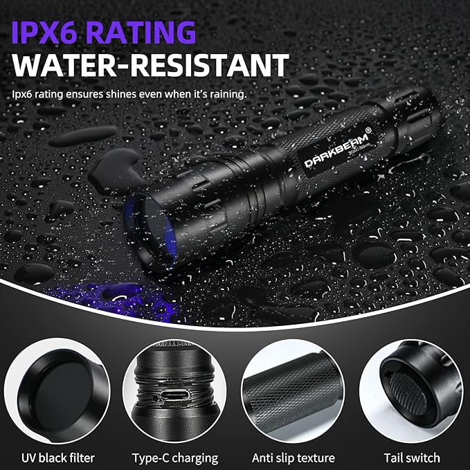 DARKBEAM UV Flashlight 365 nm Light Blacklight, Mini Powerful Wood’s Lamp USB-C Rechargeable, LED 10W Ultraviolet Flashlights Pocket Pet Urine Detector for Mineral, Uranium Glass, Resin Curing