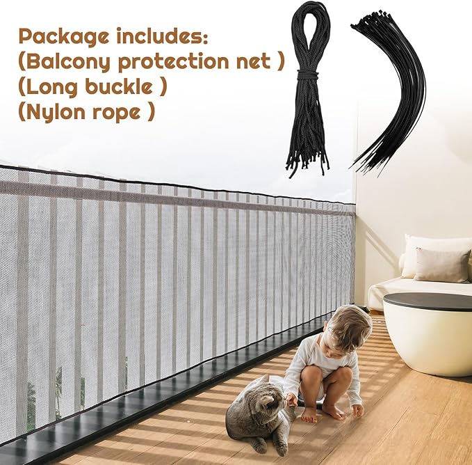 Hosuly Banister Guard 15 x 3.3 ft Balcony Netting for Kids Pets Stairway Safety Net Baby Fence Door Balcony Netting Safety Mesh Stair Net with No Drilling for Apartment Railing(Black)