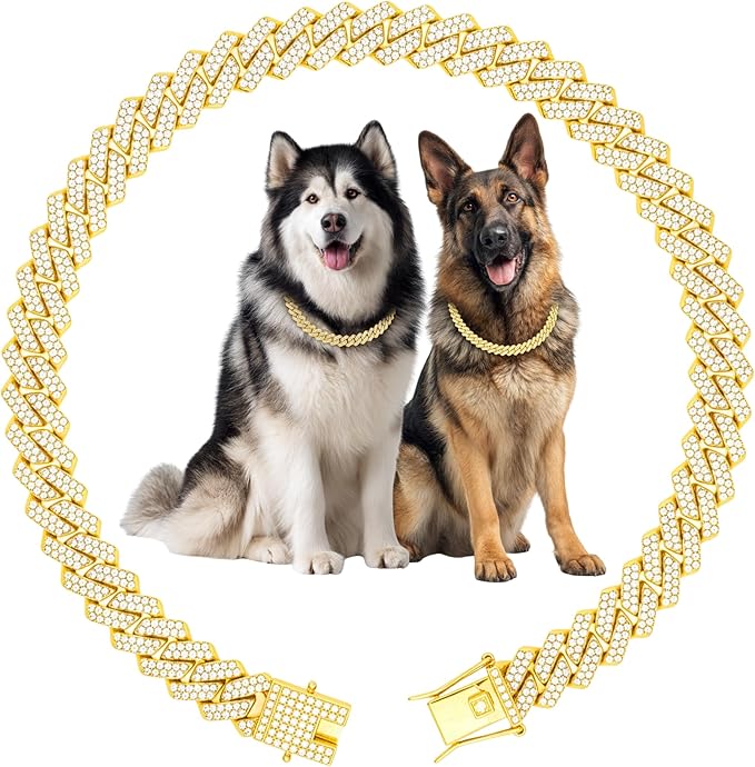 Luxury Cuban Link Dog Collar Gold Dog Chain Necklace with Diamond Rhinestones - 0.59 Inch Width Metal Pet Collar Jewelry for Small Medium Large Dogs & Cats (24 inch)