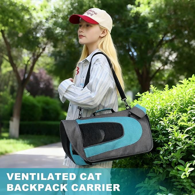 Cat Carrier, Ventilation Mesh, Travel Pet Carrier Breathable Small Dog Carrying Case Up to 16.5 lbs (Blue), Intended for Hiking/Camping/Traveling, 18"x11"x11"