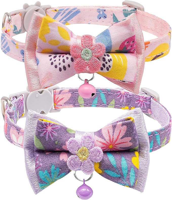 Cat Collar Breakaway, HYQHYX Floral Kitten Collar with Bell, Cute Cat Collar with Bow for Girl Boy Removable Bowtie