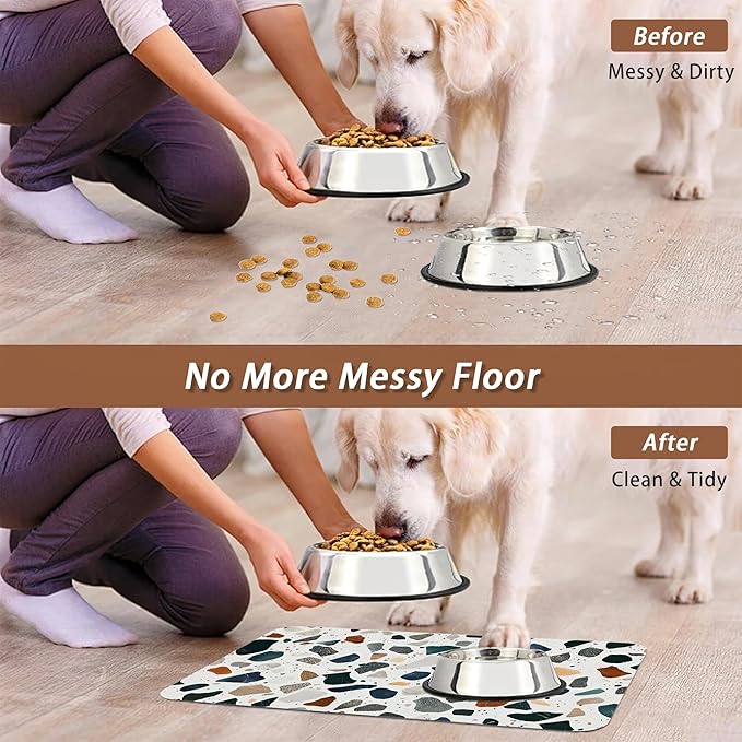 Terrazzo Stone Colorful Dog Cat Food Mat,Absorbent Pet Feeding Mat for Food and Water,Non-Slip Dog Bowl Mats Floor Protector 12"x20"