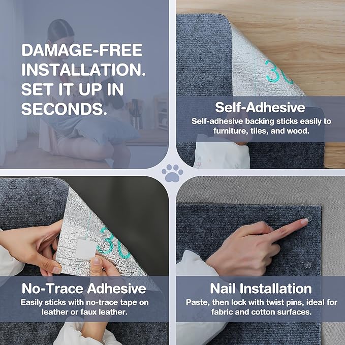 2 Pack Cat Scratcher Mat Roll for Furniture & Couch Protection | Total 157.5" x 15.8" Trimmable Self-Adhesive Carpet Cat Scratch Pad Replacement (Dark Grey)