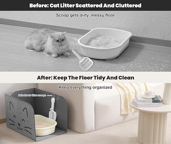 Beveetio Waterproof Cat Litter Box Enclosure Splash Guard, Foldable Cat Box Enclosure with Removable Mat & 2 Hooks for Scoop, Easy to Clean, Large Pee Shield for Litter Pan, 24"L X 16.14"W X 16.14"H