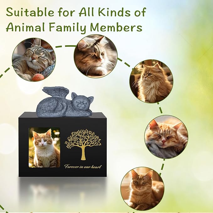 Cat Urns for Ashes, Tree Pattern Wooden Keepsake with Photo Frame, Pet Urn Memory Box with Resin Animal Statue and Sealed Storage Bags (75lbs) (Black)
