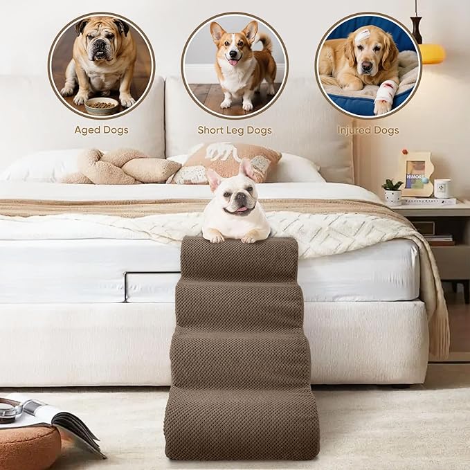 PAWSCART Dog Stairs for Small Dogs and Cats, 4-Step Dog Steps for Bed, 19.6" H Pet Stairs for High Bed, Pet Ramp for Couch, Sofa, Non-Slip Surface Removable Washable Cover, Brown