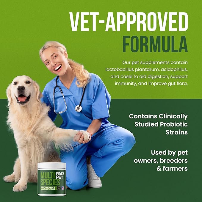 Pet Probiotics for Dogs, Cats, Horses, Goats, Cows & Pigs | Multi Species Dispersible Powder | Supplements for Digestive Health | Cat & Dog Probiotics | Vet Approved & Made in USA | 10 oz | Pair Pet