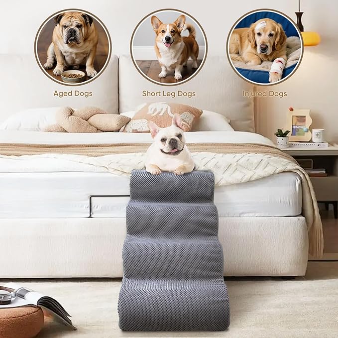 PAWSCART Dog Stairs for Dogs and Cats, 4-Step Dog Steps for Bed, 19.6" H Pet Stairs for High Bed, Pet Ramp for Couch, Sofa, Non-Slip Surface Removable Washable Cover, Grey