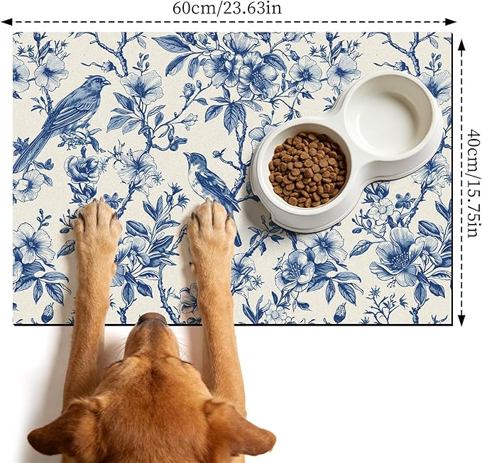 Dog Cat Food Mat - Absorbent Quick Dry Dog Bowl Mats for Food and Water, Anti Slip Cat Feeding Placemat for Floors, Diatomite Pet Dish Matts Accessories Supplies, Floral Bird Style, 16*24in