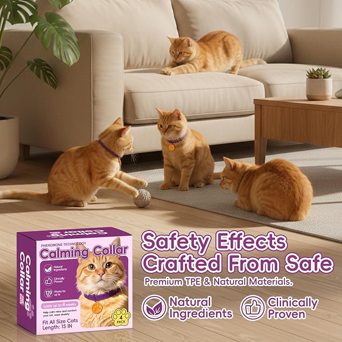 Calming Collars for Cats, 4 Packs Adjustable Calming Cat Collar with Pheromone Scent, with Yellow Gold Pendants, 120 Days Calm Relief for Anxious Cats, 15 Inch, Purple