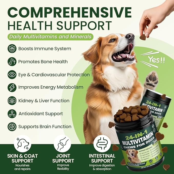24-in-1 Dog Multivitamins Chewable, 200 Count Dog Vitamins and Supplements with Glucosamine Chondroitin Probiotics Omega-3 for Skin Coat Hip Joint Heart Liver Brain Eye Support - Chicken