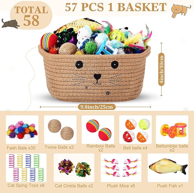 Zopeal 58 Pcs Valentine's Day Cat Storage Basket Gift Toys Set, Colorful Flashing Balls Pet Bell Crinkle Balls Spring Toys Attract Cat to Swat, Hunt, Interactive for Pet(Khaki,9.8 Inch)