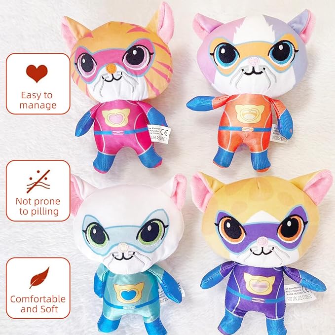 Super Cat Plush Toy – Set of 4 Soft Stuffed Animals – Sparks, Buddy, Ginny, Bitsy – Adorable Kitties Gift Set for Children(8Inch)