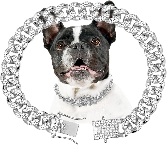 Dog Chain Collar Silver Dog Necklace Diamond Cuban Link Dog Collar 13mm Wide Metal Pet Cat Dog Chain Crystal Collar Jewelry Accessories for Large Medium Small Dogs Cats(Silver,18 Inch)