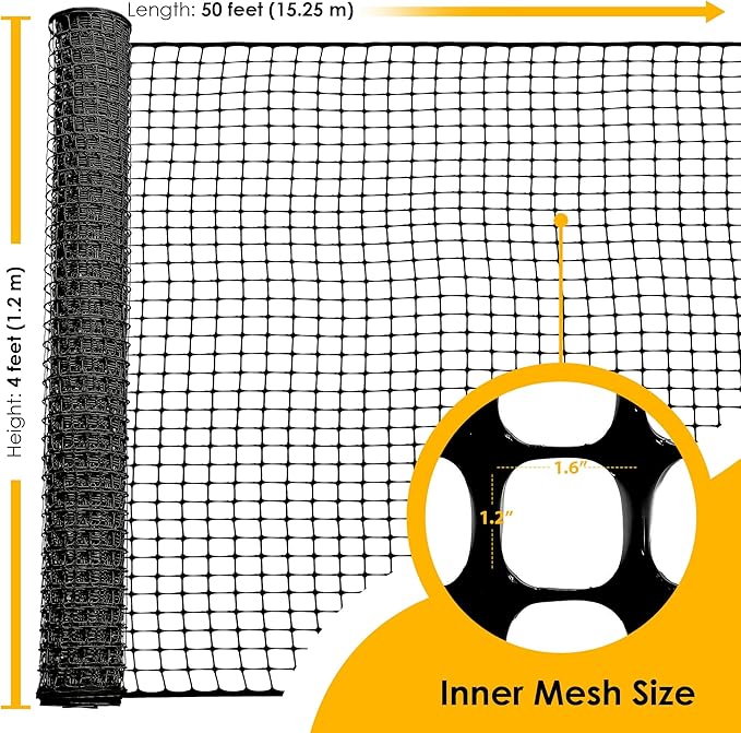 Houseables Plastic Fence, Plastic Mesh Fence, Mesh Fencing, Deer Netting, Cat Netting, Temporary, Balcony, Pets, Garden, Chicken, Poultry, Dogs, Construction, Yard, Protection, Black, 4 x 50 Feet Roll