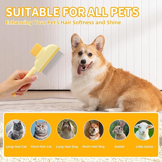 Flea Comb for Cat Dog Comb Pet Hair Removal Tool Pet Comb Cat Brush with Release Button Self-Cleaning with Long & Short Stainless Steel Metal Teeth for Shedding 2 Pcs(Yellow & Green)