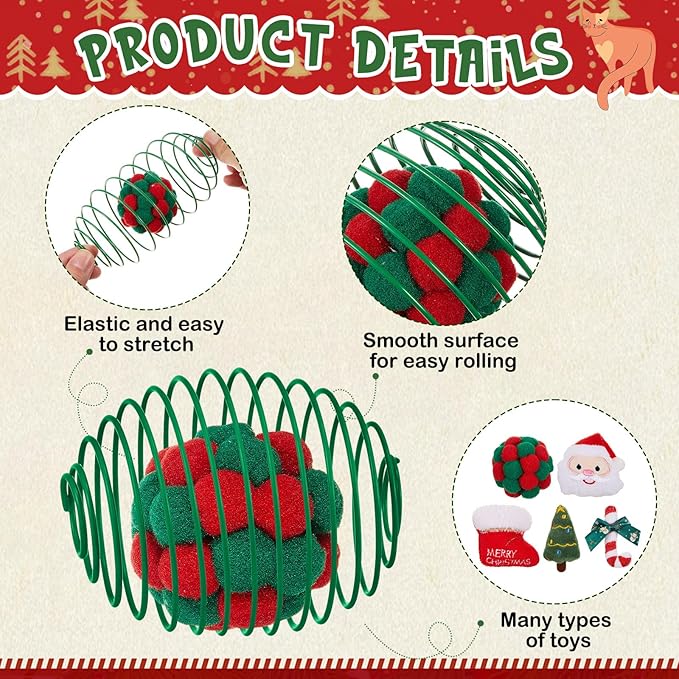 Jecery 5 Pcs Cat Spring Balls Toys Stretchable Rolling Balls Colorful Playful Coils Interactive Action Toy Caged Rats for Kitten Pet Supplies (Christmas Toys,Red Green)