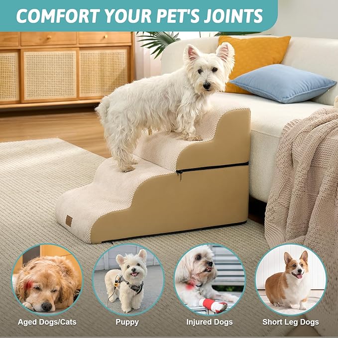Detachable Dog Stairs for Small Dog, 4 Step Curved Dogs Step for Puppy or Older Cat, Ramp for Bed, Sofa, Couch or Chair, Ladder with High Density Foam, 15.7x28.3x19.7 inch, Beige