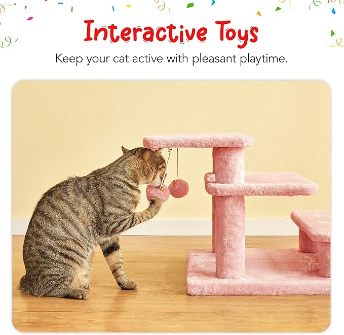 15''H Multi-Step Pet Stairs for High Beds & Sofas, 3-Step Cat Stairs with 2 Toy Balls, Wide Boards for Indoor Kittens Dogs Pets Climbing, Pink