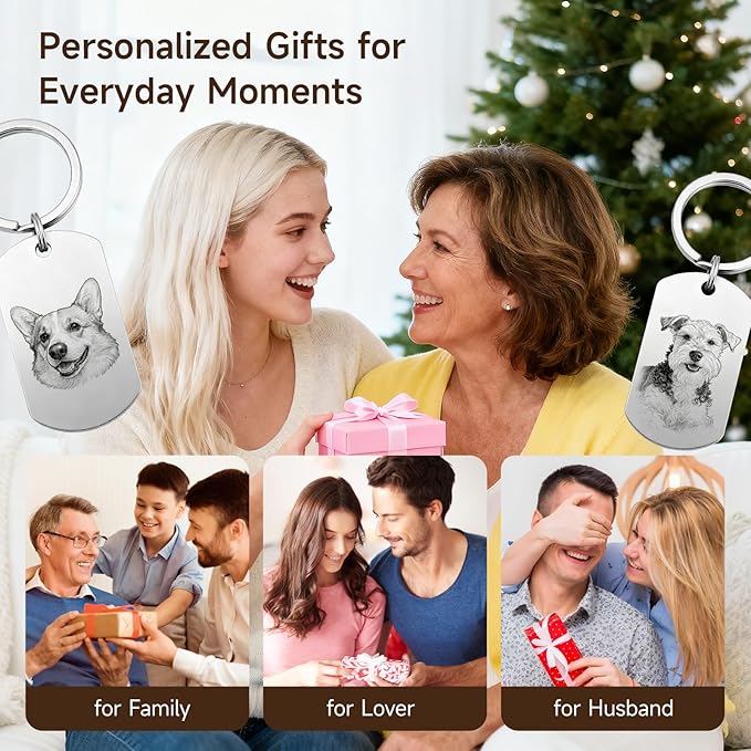 Custom Dog or Cat Portrait Keychain, Personalized Photo Engraved Keychains with Name, Customized Pet Memorial Gifts for Loss of Pets (Dog Tag Shape)