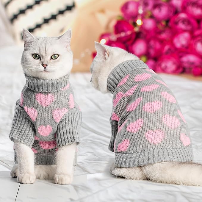 KOOLTAIL Cat Sweater - Valentine's Day Outfit with Hear Love Pattern Cold Weather Soft Warm Knit Turtleneck Clothes for Cats Kitten Small Dogs Puppy Greay M