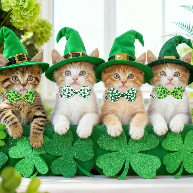 JarThenaAMCS 3 Pcs St. Patrick's Day Cat Collar with Breakaway Bell Bow Tie Green Shamrock Lucky Clover Adjustable Kitten Collars for Spring Irish Girl Boy Cats Small Pet Party