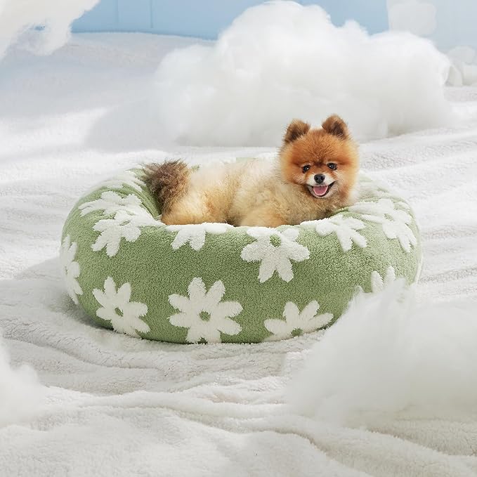 LE SURE Shown on TV Small Dog and Cat Bed - Round Calming Beds as Present for Pets, Cute Modern Home Decor with Jacquard Shaggy Plush & Anti-Slip Bottom, 23 Inch, Green