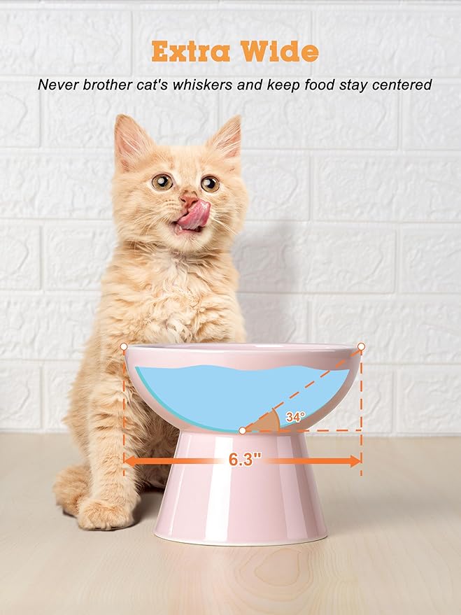 LoeJan Elevated Cat Food and Water Bowls Set, Pink - Raised Ceramic Anti-Vomit Whisker-Free Feeder for Kittens to Adult Cats