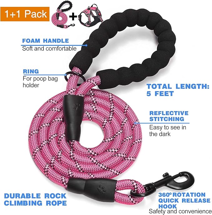 No Pull Dog Harness Adjustable Reflective Oxford Easy Control Medium Large Dog Harness with A Free Heavy Duty 5ft Dog Leash