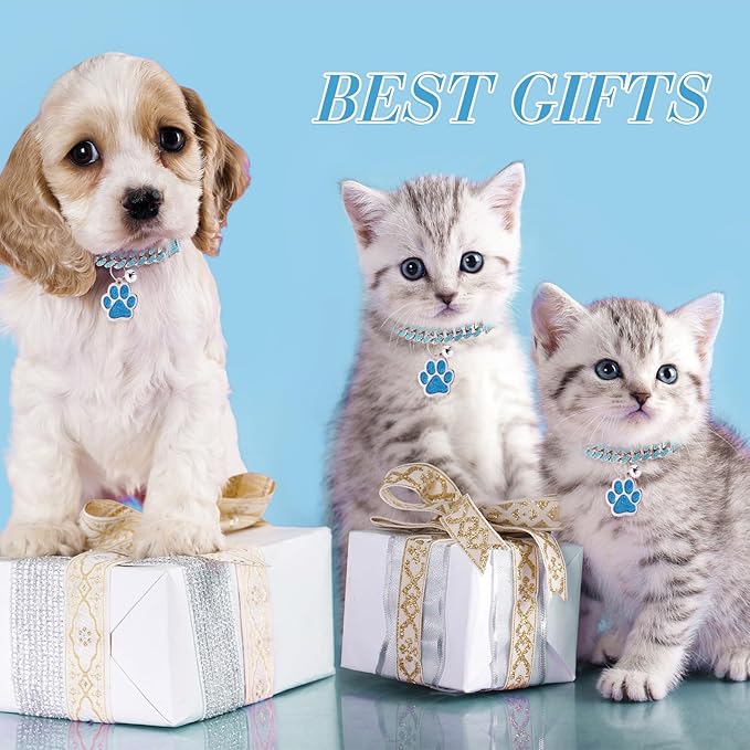 Hillban Cat Collar Diamond Chain Glitter Collar Walking Metal with Secure Buckle Cat Pet Necklace with Paw Charm and ID Tag Bell Link Cuban Jewelry Accessories Gift(8 Inch,Silver,Lake Blue)