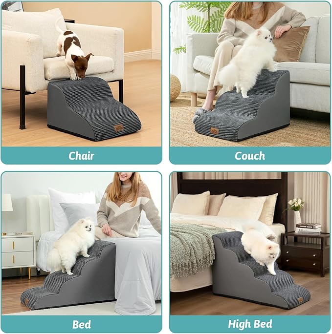 Dog Stairs for Small Dogs 15.7" H, Curved Dog Step for Puppy, Older Cat, Medium Pet Ramp for Sofa, Couch or Chair, Ladder with High Density Foam, 3 Step, 15.7x22.4x15.7 inch, Charcoal Grey