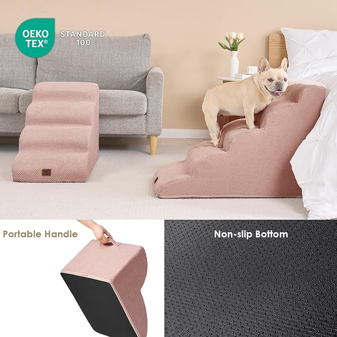 EHEYCIGA Curved Dog Stairs Ramp for High Beds 22.6" H, 5-Step Dog Steps for Small Dogs and Cats, Pet Stairs for High Bed Climbing, Non-Slip Balanced Pet Step Indoor, Dusty Pink