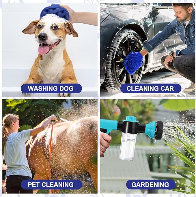 Baderke 10 Piece Dog Washing Hose Attachment Dog Hose Nozzle with Soap Dispenser Pet Shower Tool Set Dog Comb Bath Brush Towel Car Wash Mitt Brass Converter Tape for Pet Garden Car Washing (Blue)