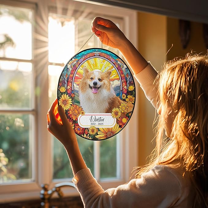 Custom Dog Portrait Art Suncatcher Stained Glass Remembrance Gift Indoor Decor Window Hanging Cat Bereavement Keepsake Loss of Pet Sympathy with Name Date Portrait Gifts