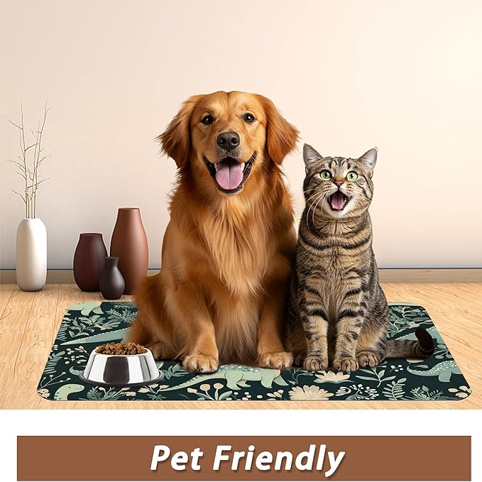 Cute Dinosaur Dog Cat Food Mat,Forest Absorbent Pet Feeding Mat with Rubber Backing,Non-Slip Water Bowl Placemat,Indoor Pet Accessories Supplies 16"x24"