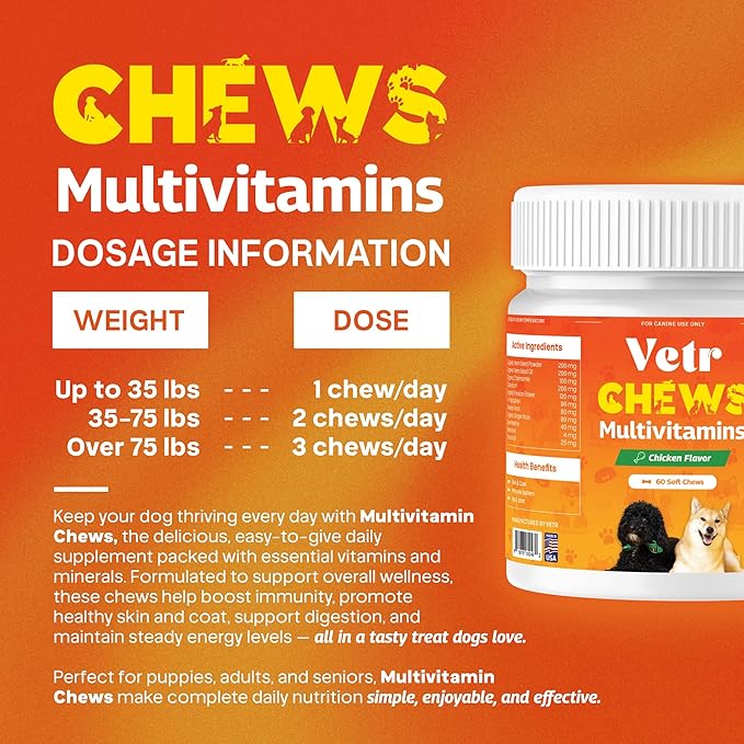 Vetr Dog Multivitamin Treats, 60 Chews Chicken Flavor, Daily Pet Dog Vitamins and Supplements with Glucosamine, Chondroitin, & Probiotics, Hip & Joint, Immune Support, & Digestive Care