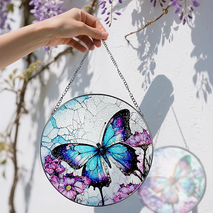 8 Inch Stained Glass Suncatcher Ornament, DOUHASU Butterfly Sun Catchers Indoor Window, Stained Glass Window Hanging, Home Decor, Butterfly Lovers Gifts for Her, Women, Mom, Grandma, Friend