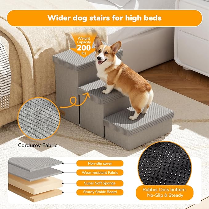3-Step Wide Dog Stairs 18" H with Removable Cover, Non-Slip Storage Pet Steps for High Bed Couch, Pet Stairs for Small/Medium/Large Old Dogs Puppy Up to 200lbs, Cat Dog Steps for Car, Grey