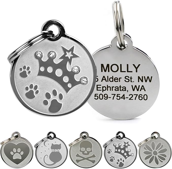 GoTags Designer Pet ID Tags in Stainless Steel for Dogs and Cats, Custom Engraved with 4 Lines of Personalized ID, Cute, Unique Pet Tags in Several Fun Designs