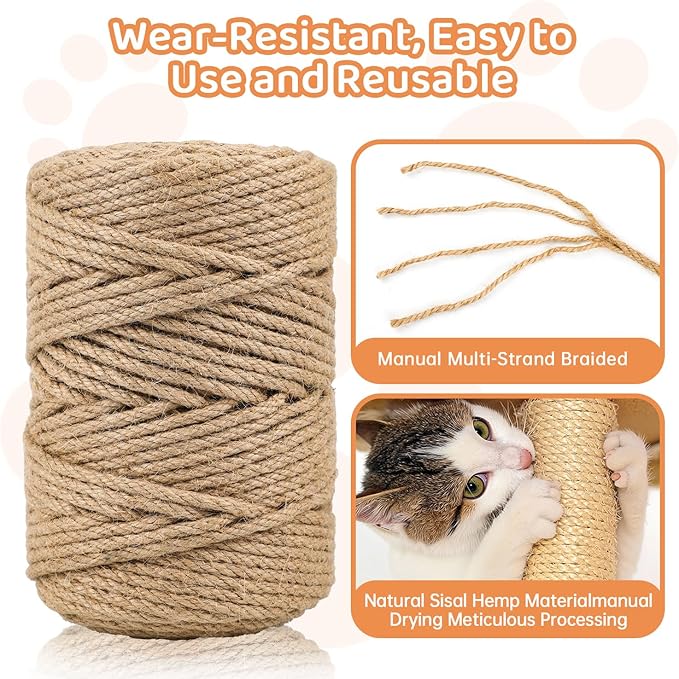 262 ft Sisal Rope for Cat Scratcher Kits, 6mm Thick Rope for Cat Scratch Post, DIY Hemp Twine with Hot Glue Gun and 30 Glue Sticks