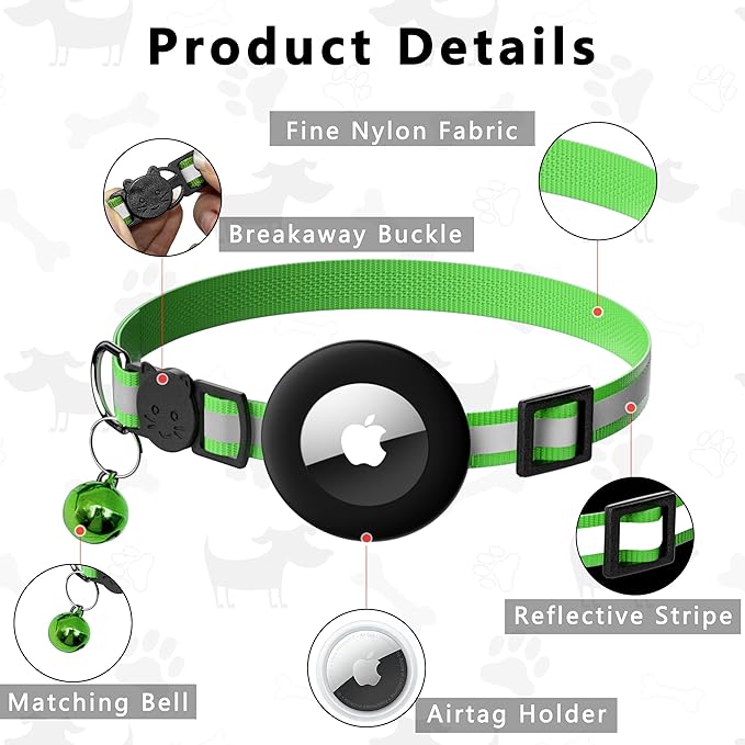 Cat Collar with Air Tag Holder, Reflective Kitten Collar with Bell, Breakaway Airtag Cat Collar for Boys Girls Cats, GPS Tracker for Cats 0.4’’ Width Adjustable Safe Kitty Collar, Light Green
