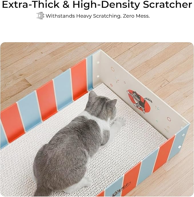 Cat Scratcher Box & Bed – Durable Grayboard Cat Lounge with White Wood-Pulp Scratch Pad, Easy Assembly & Dopamine Color Design for Indoor Cats