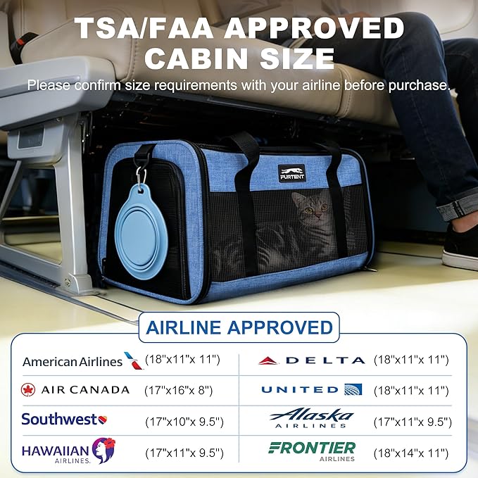 TSA Approved Pet Carrier for Kitten and Puppy, Cat Carrier Soft Fits Pets up to 13 lbs, Dogs Travel Bag with Bowl Foldable, Ideal for Travel, Car Rides, and Vet Visits, Dark Blue