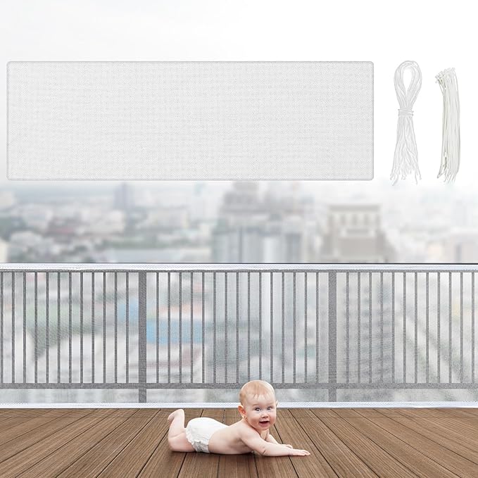 Hosuly Banister Guard 18 x 3 ft Balcony Netting for Kids Pets Stairway Safety Net Baby Fence Door Balcony Netting Safety Mesh Stair Net with No Drilling for Apartment Railing(White)