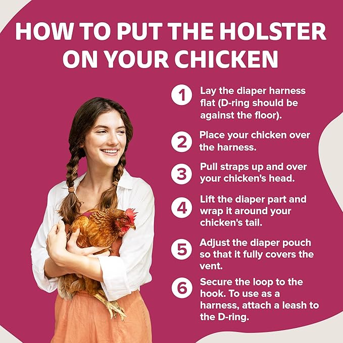 Hen Holster Premium Starter Kit - Bird Diaper, Wrap Around for Hens, Roosters, Ducks - Leak-Proof, Comfortable Bird Harness with Sewn-in Liner, Secure Hook & Loop Closure - Large, Pink