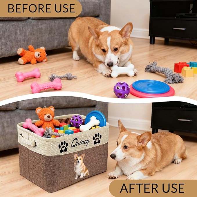 Custom Dog Toy Basket with Name Photo, Personalized Toys Clothing Storage Bins for Dogs Cats Pet,Collapsible Doggy Box Customized for Toy Food Blue