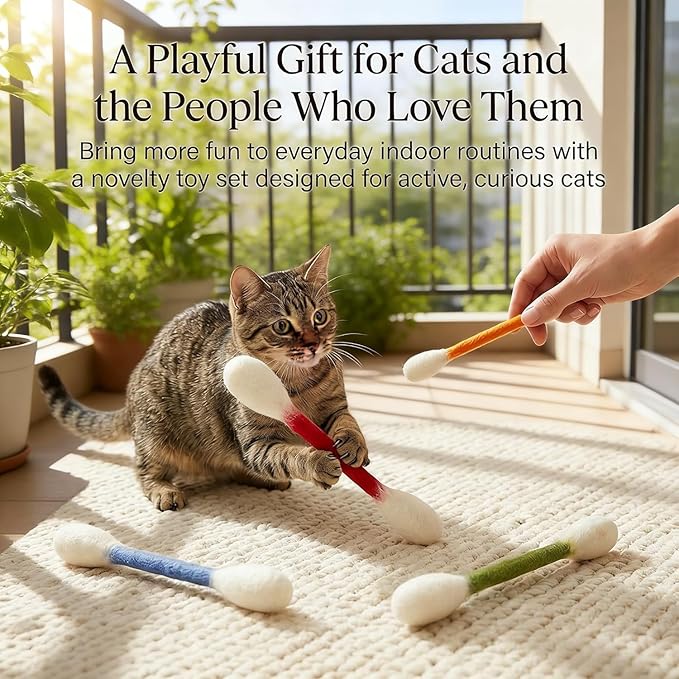 Cotton Swabs Cat with Catnip, 6 Pk Giant Kitten Chew Sticks for Indoor Boredom, Durable Dental Teething Ropes, Big Interactive Felt Kitty Kicker Play Lover Gift Accessories (Beige)